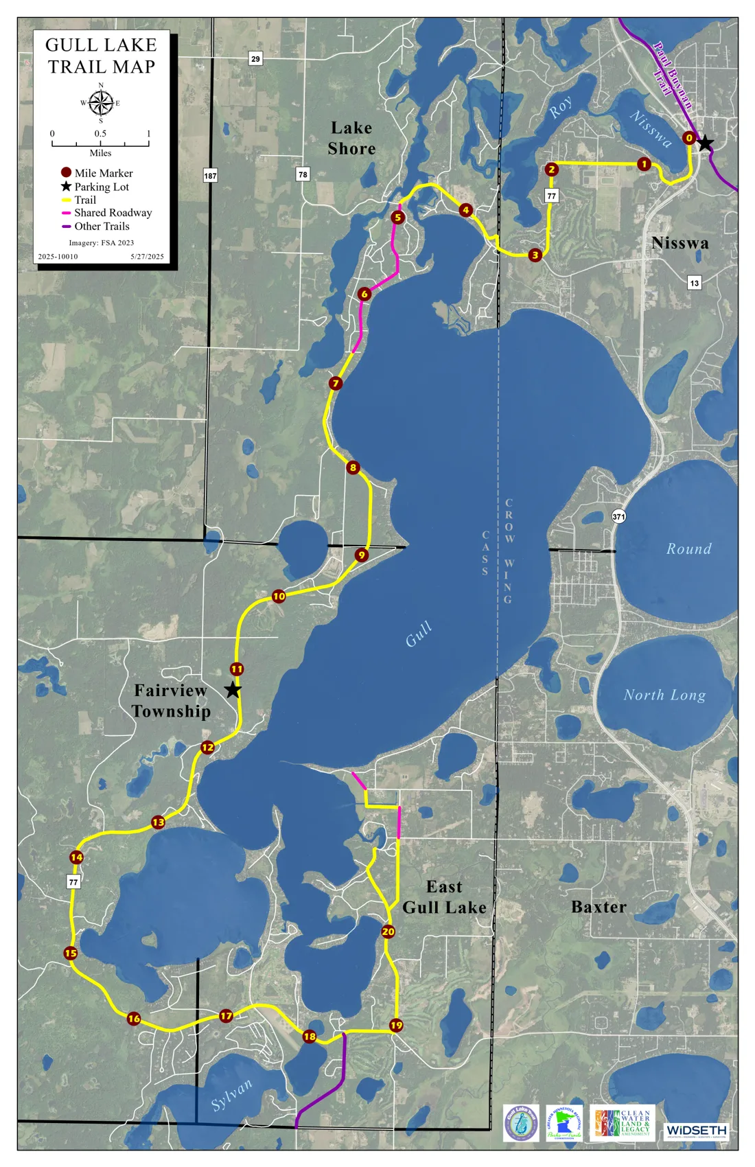 2025 Gull Lake Trail map with mile markers 0 through 20 from Nisswa to East Gull Lake