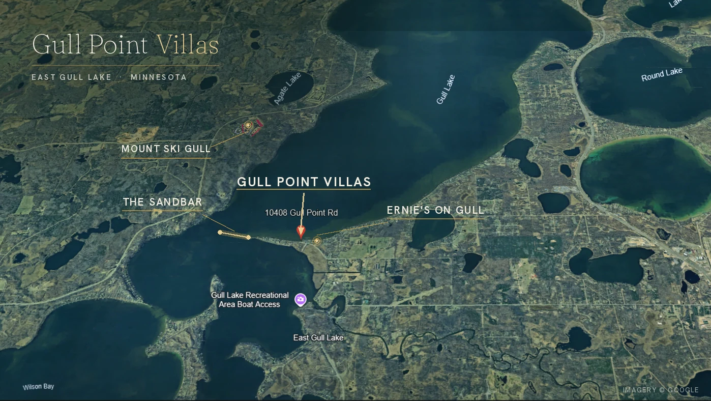 Aerial map of Gull Lake showing Gull Point Villas, Ernie's on Gull, and the sandbar off the end of the point