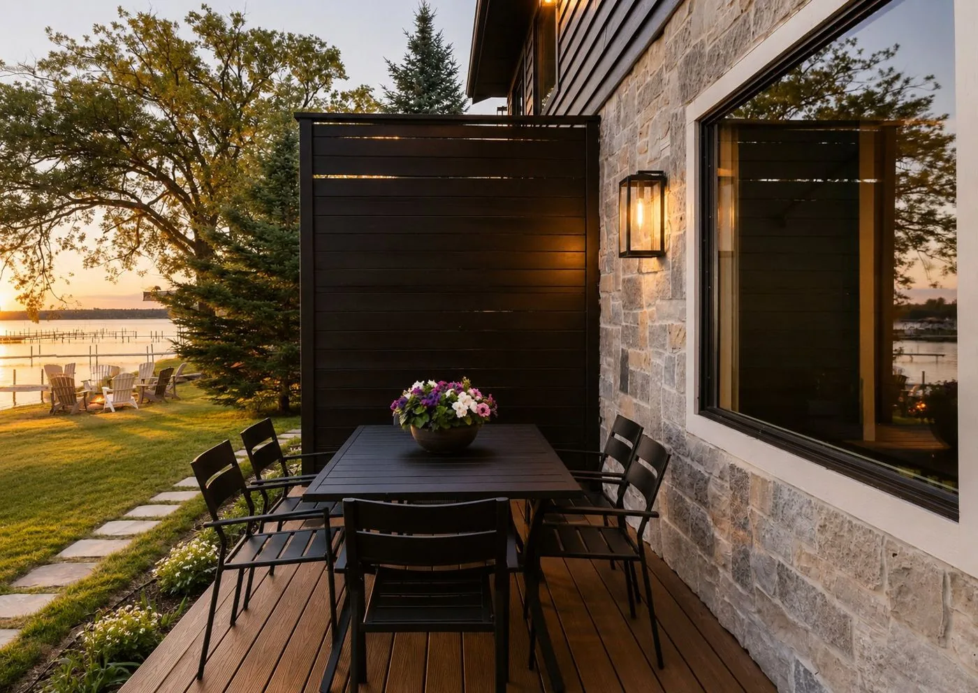 Lakeside deck at sunset